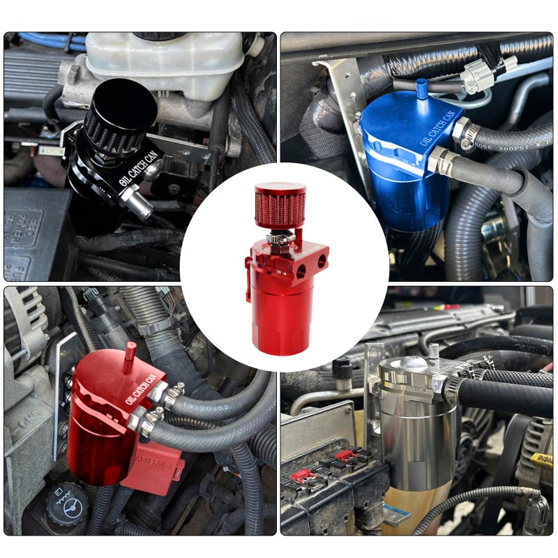ZHSYMX Universal 300ml Aluminum Baffled Oil Separator Catch Can Kit with Installation Bracket and Thickening Tube Red - Image 2